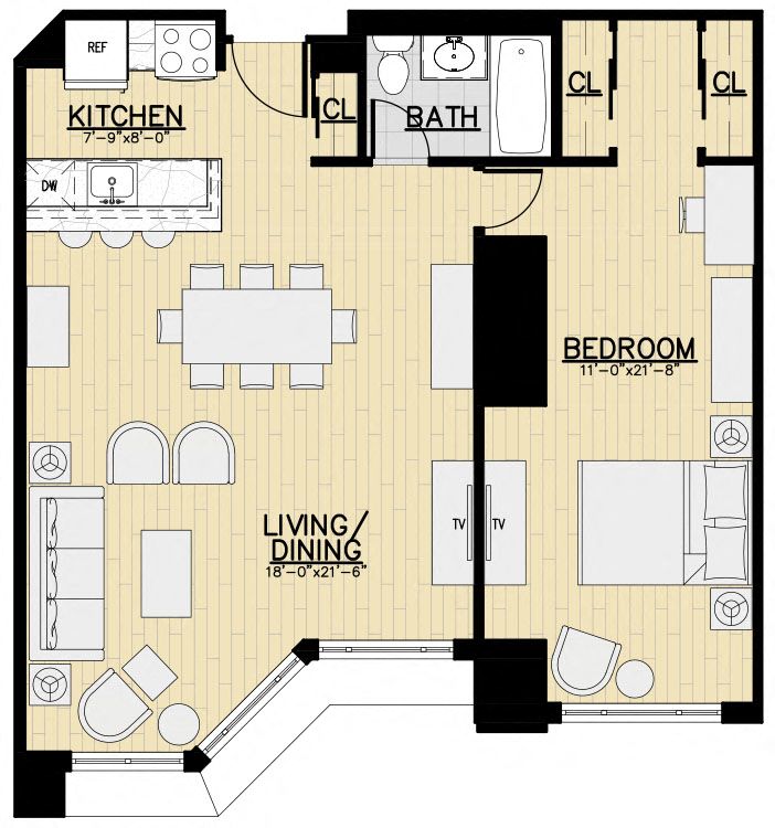 Floor plan for 1 bed, 1 bath, 845 sqft